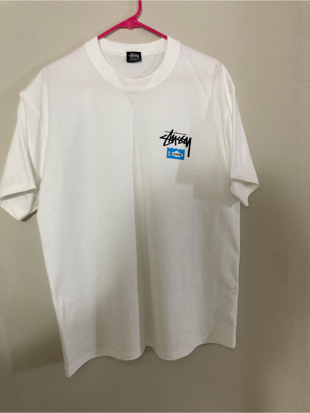 Stussy White Short-Sleeve Tee with Black Logo and Blue Graphic